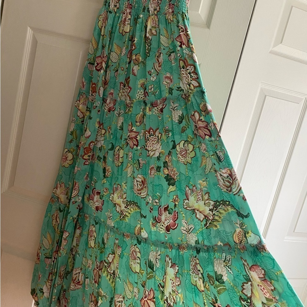 Aqua Blue Floral Smocked Top Maxi Dress Small - Picture 11 of 11